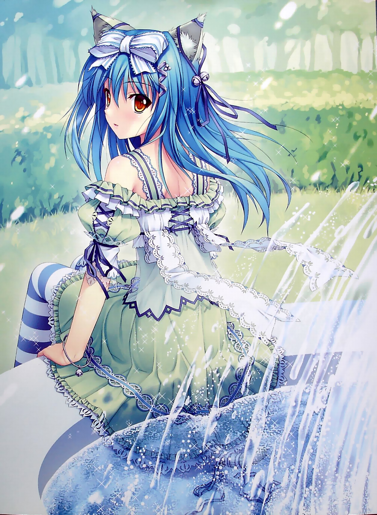 icqoo, sayori (neko works), highres, jpeg artifacts, 1girl, animal ears, bare shoulders, blue hair, cat ears, cat girl, cat tail, dress, female focus, nature, orange eyes, outdoors, solo, tail, water