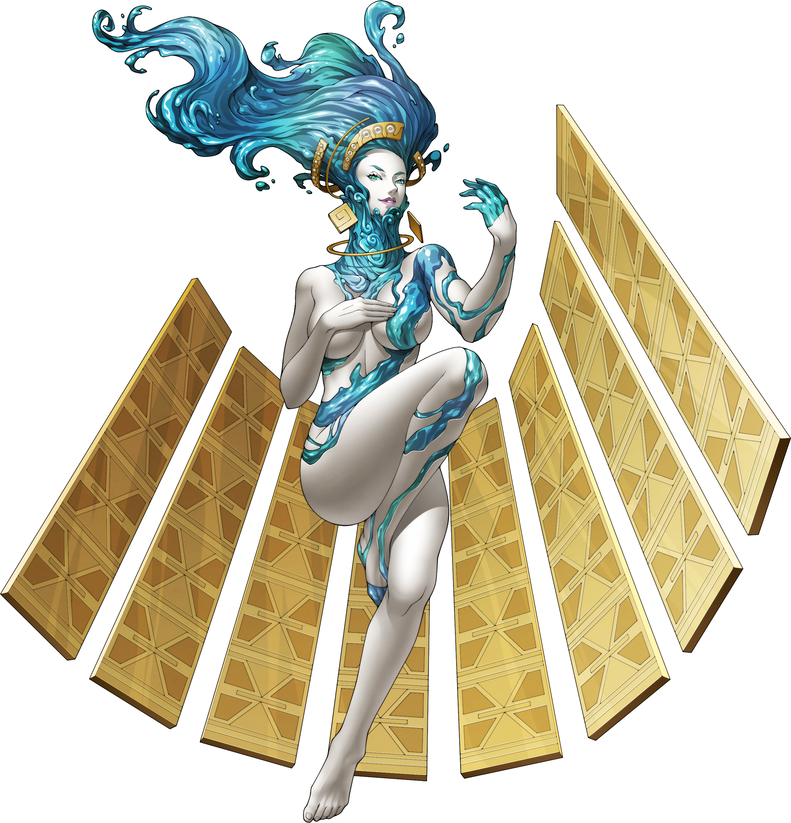 doi masayuki, anahita (megami tensei), shin megami tensei, shin megami tensei: strange journey, absurdres, highres, official art, photoshop (medium), third-party source, 1girl, aqua eyes, aqua sclera, barefoot, colored sclera, colored skin, demon (megami tensei), earrings, hand on own chest, jewelry, liquid hair, looking at viewer, nude, shin megami tensei: deep strange journey, solo, transparent background, water, water drop, white skin