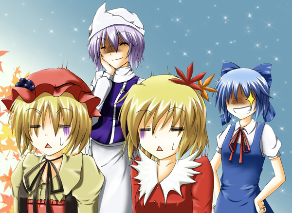 taiga (natsu hotaru), aki minoriko, aki shizuha, cirno, letty whiterock, touhou, 4girls, :<, hair ornament, leaf hair ornament, multiple girls, shaded face, siblings, sisters, you gonna get raped