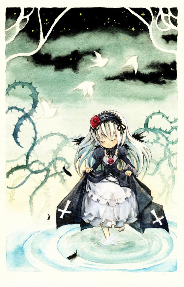 tetuankyo, suigintou, rozen maiden, painting (medium), traditional media, watercolor (medium), 00s, bird, closed eyes, cross, dress, feathers, flower, frills, gothic lolita, hairband, lolita fashion, ripples, rose, thorns