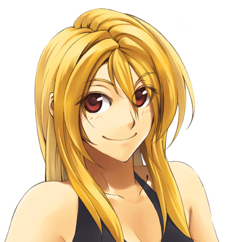 poaro, original, bad id, bad pixiv id, lowres, blonde hair, portrait, red eyes, smile, solo, white background