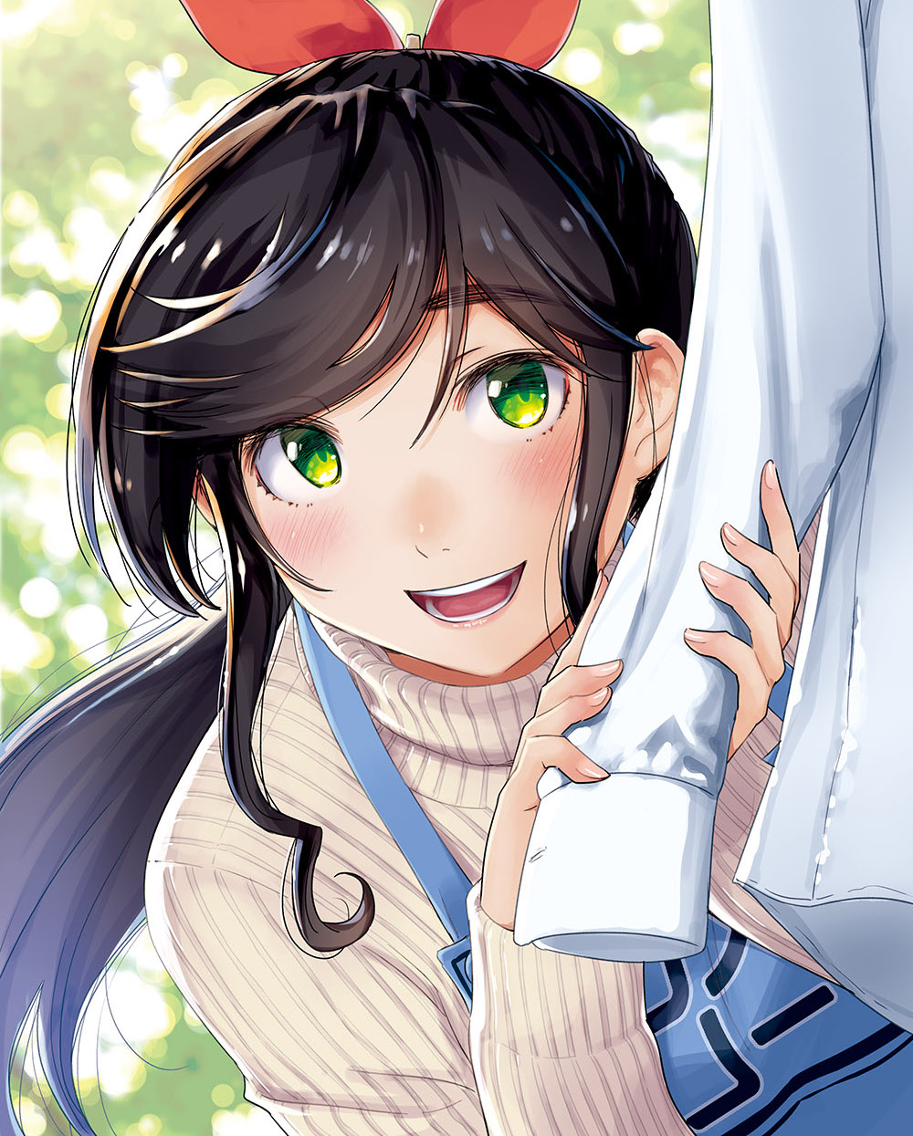 hattori mitsuru, kinme wakana, commentary request, highres, 1girl, apron, black hair, blue apron, brown sweater, green eyes, kirei ni shitemoraemasuka, long hair, long sleeves, looking at viewer, open mouth, sidelocks, smile, solo, sweater, swept bangs, upper body