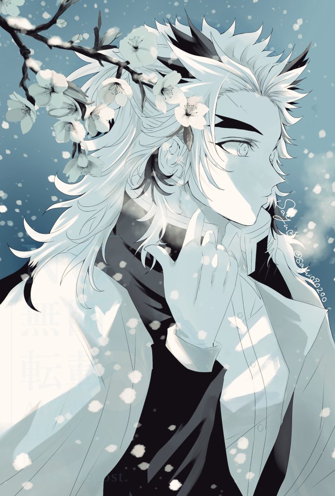 sayu090200, rengoku kyoujurou, kimetsu no yaiba, commentary request, 1boy, arm up, branch, cape, closed mouth, demon slayer uniform, flower, forked eyebrows, layered sleeves, long sleeves, male focus, monochrome, outdoors, profile, snowing, solo, twitter username