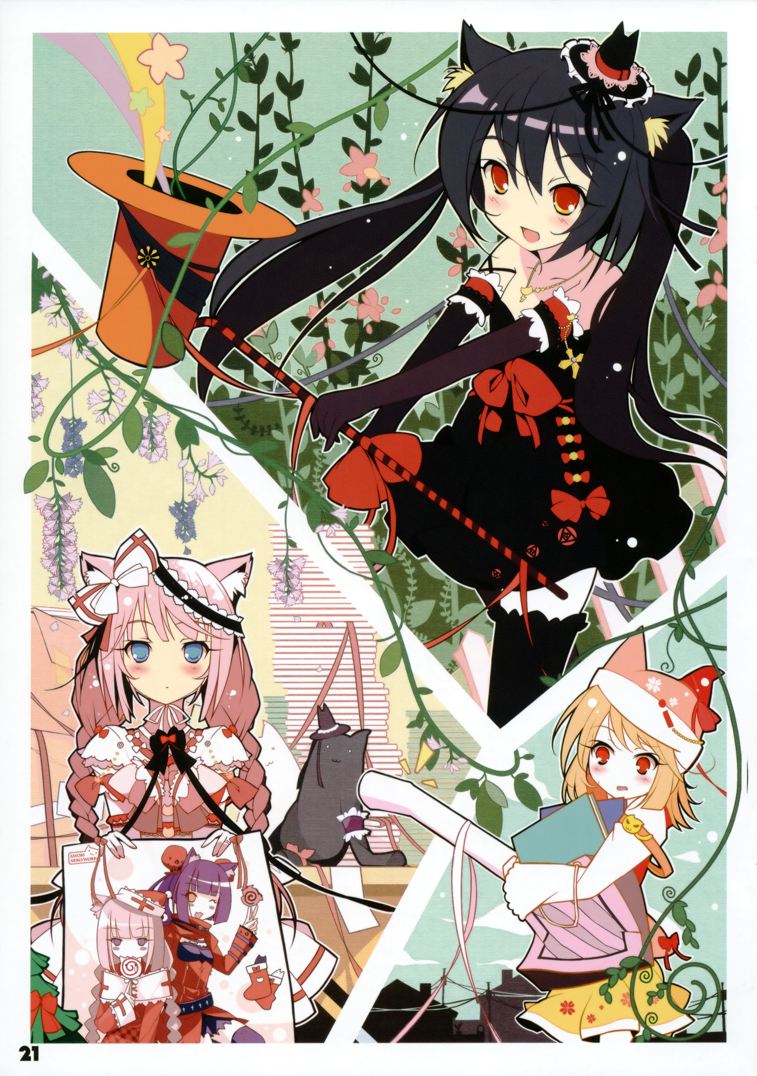 ideolo, sayori (neko works), caramell (sayori), chocola (nekopara), vanilla (nekopara), nekopara, original, absurdres, highres, huge filesize, scan, 10s, 3girls, animal ear fluff, animal ears, black hair, blonde hair, blush, candy, candy cane, cat, cat ears, cat girl, christmas tree, elbow gloves, food, gloves, hair ribbon, hairband, hat, lollipop, multiple girls, pink hair, purple hair, red eyes, ribbon, santa hat, short hair, siblings, sisters, star (symbol), thighhighs, twins, witch hat