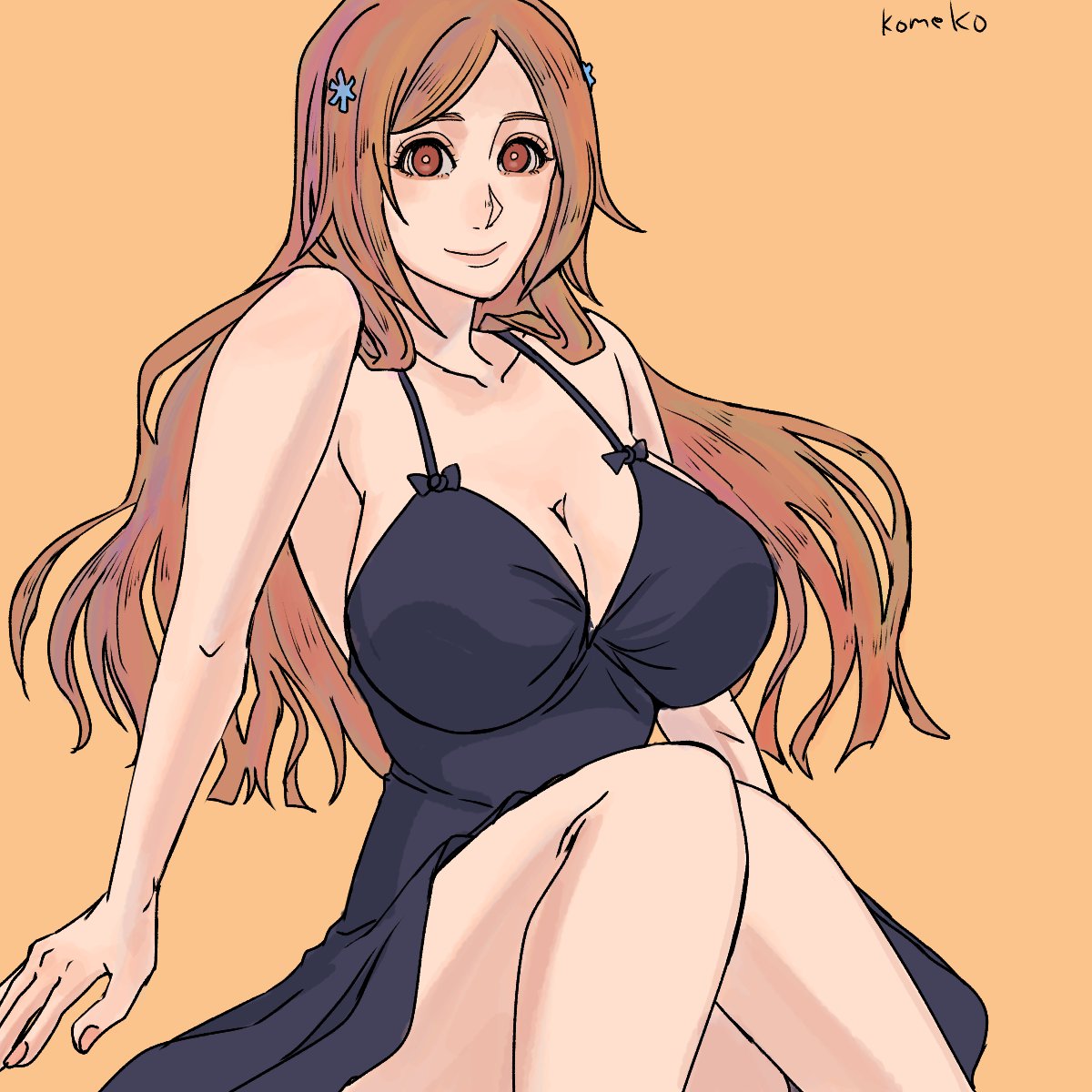 komeko (strikek-lvvjm27), inoue orihime, bleach, 1girl, breasts, cleavage, collarbone, large breasts, long hair, nightgown, orange hair, solo