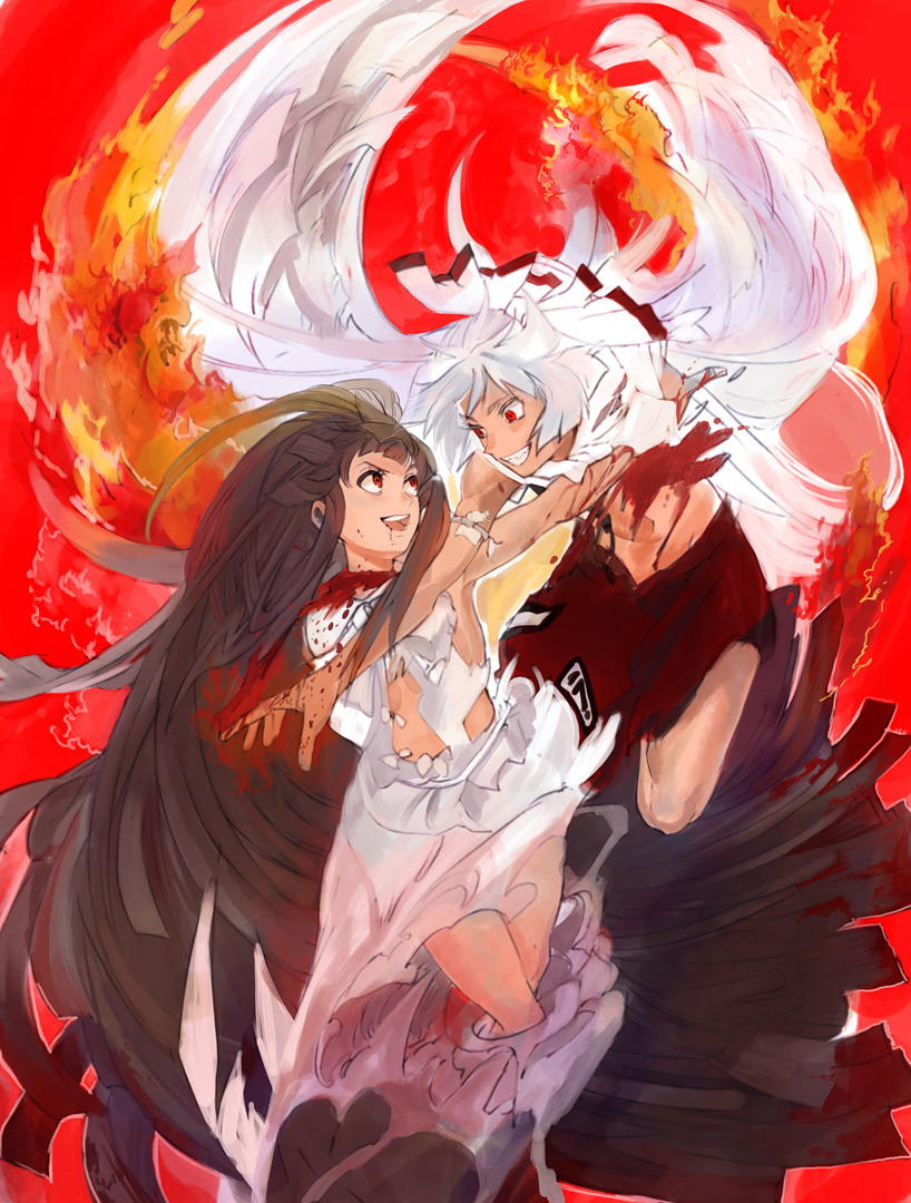 umishima senbon, fujiwara no mokou, houraisan kaguya, touhou, bad id, bad pixiv id, 2girls, battle, black hair, blood, dress, female focus, long hair, multiple girls, red eyes, short hair, smile, spiked hair, torn clothes, very long hair, white dress, white hair