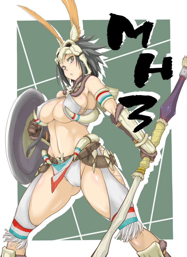 senbei (avocadochaya), capcom, monster hunter (series), monster hunter 3, 1girl, armor, bikini armor, black hair, bone armor (monster hunter), breasts, cameltoe, covered erect nipples, curvy, feathers, female focus, gauntlets, gloves, headdress, hip focus, large breasts, shield, short hair, skull, solo, standing, thick thighs, thighs, underboob, wide hips