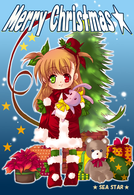 hina sasaki, vivio, lyrical nanoha, mahou shoujo lyrical nanoha, mahou shoujo lyrical nanoha strikers, bad id, bad pixiv id, 00s, brown hair, christmas, green eyes, hat, heterochromia, red eyes, solo