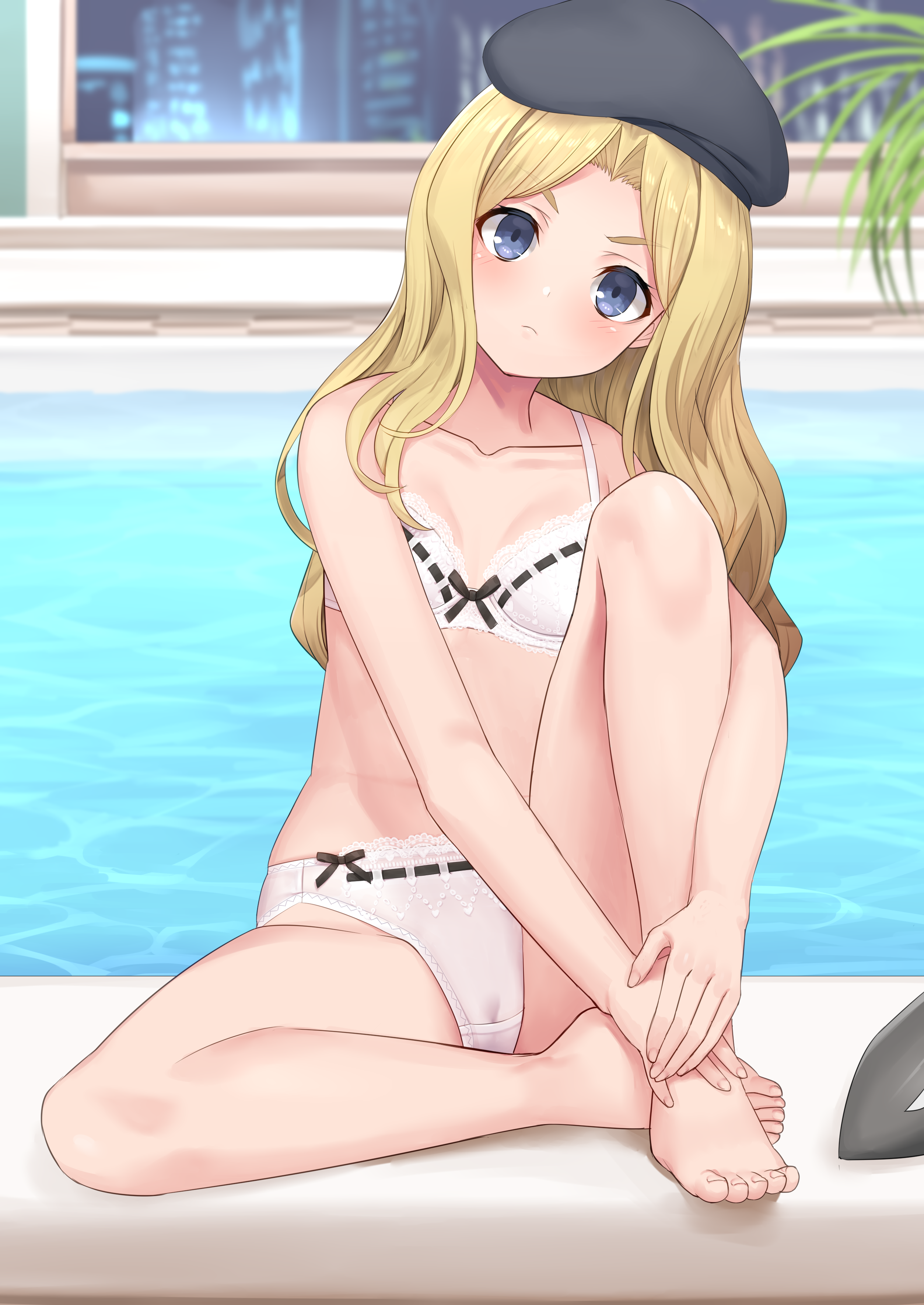 torimaru, frenda seivelun, toaru kagaku no railgun, toaru majutsu no index, absurdres, commission, commissioner upload, highres, large variant set, non-web source, variant set, 1girl, bare arms, bare legs, bare shoulders, beret, blonde hair, blue eyes, blurry, blurry background, blush, bow, bowtie, breasts, cameltoe, city, closed mouth, collarbone, fingernails, full body, hat, lingerie, long hair, looking at viewer, panties, parted bangs, petite, plant, poolside, small breasts, solo, toenails, toes, underwear, water, white panties