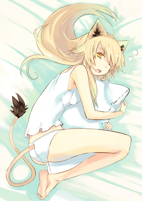 shiromiso, original, 1girl, animal ears, ass, barefoot, blonde hair, feet, female focus, hugging object, lion tail, long hair, one eye closed, orange eyes, panties, pillow, pillow hug, sleepy, solo, tail, underwear, wink
