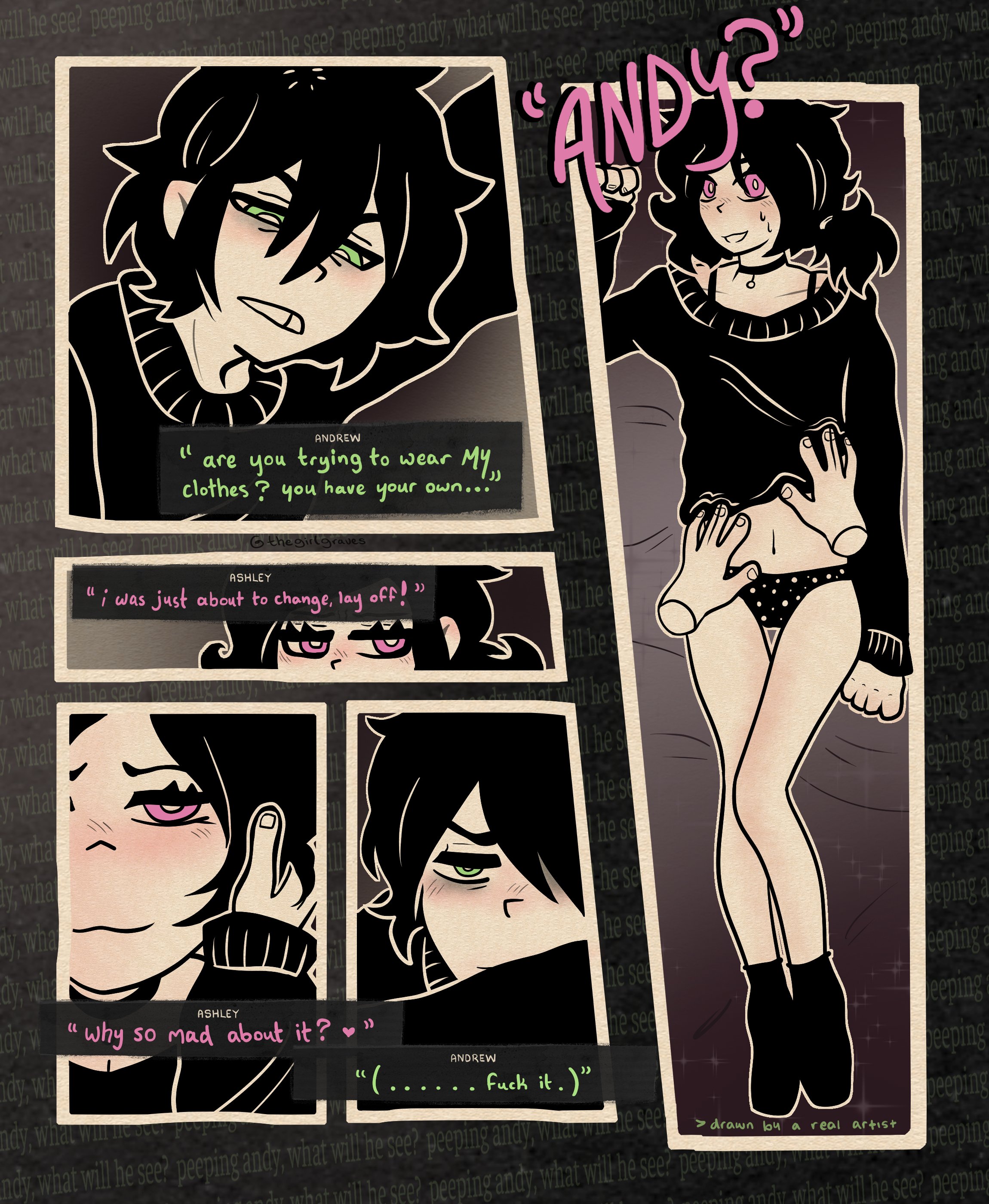 andrew graves, ashley graves, the coffin of andy and leyley, black hair, black shirt, black socks, blush, bottomless, brother and sister, choker, green eyes, pink eyes, shirt, short hair, siblings, socks, underwear