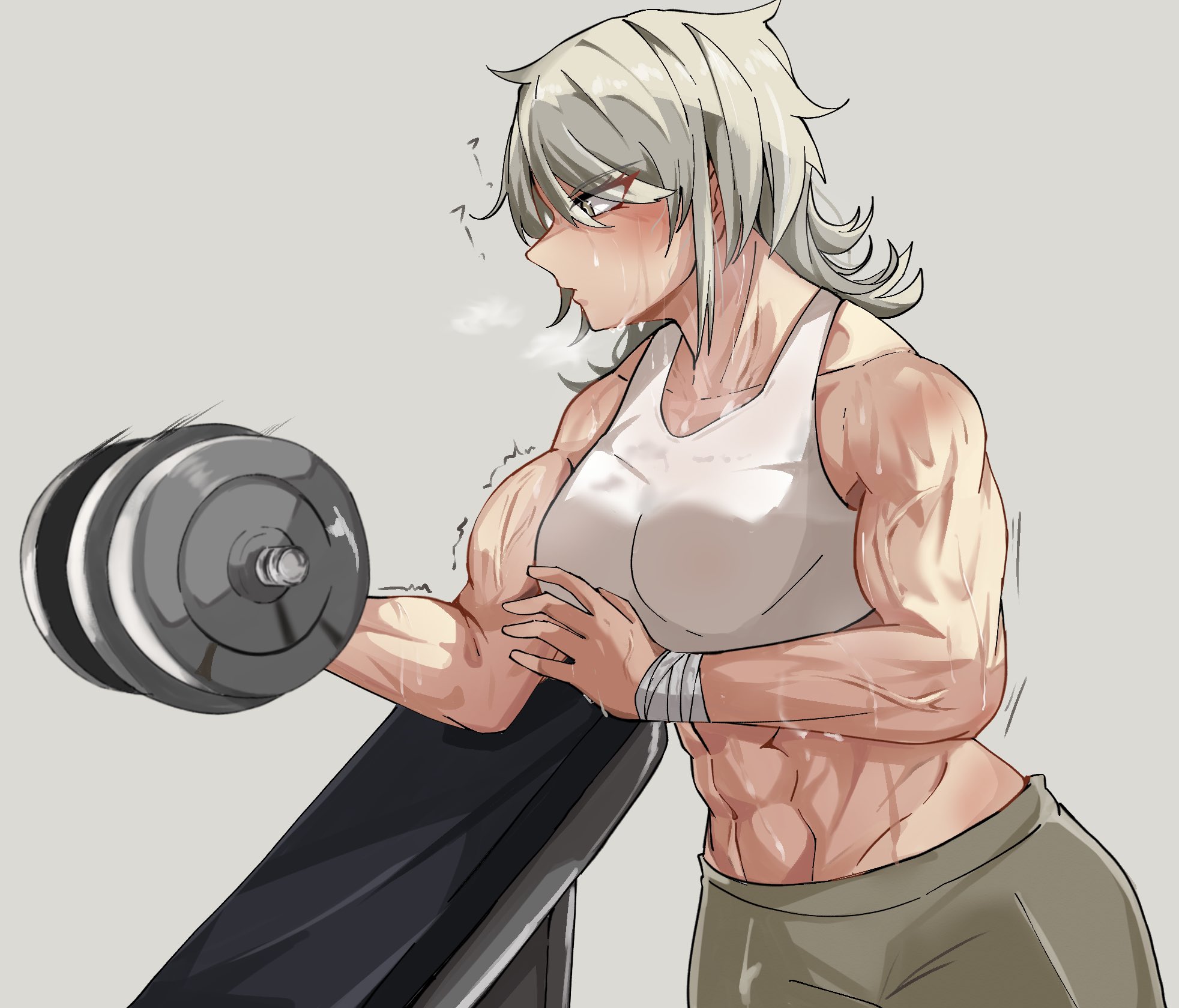 artist request, 1girl, abs, bench press, breasts, exercising, grey hair, muscular, muscular female, short hair, simple background, sweatdrop, weightlifting, weights, wristband