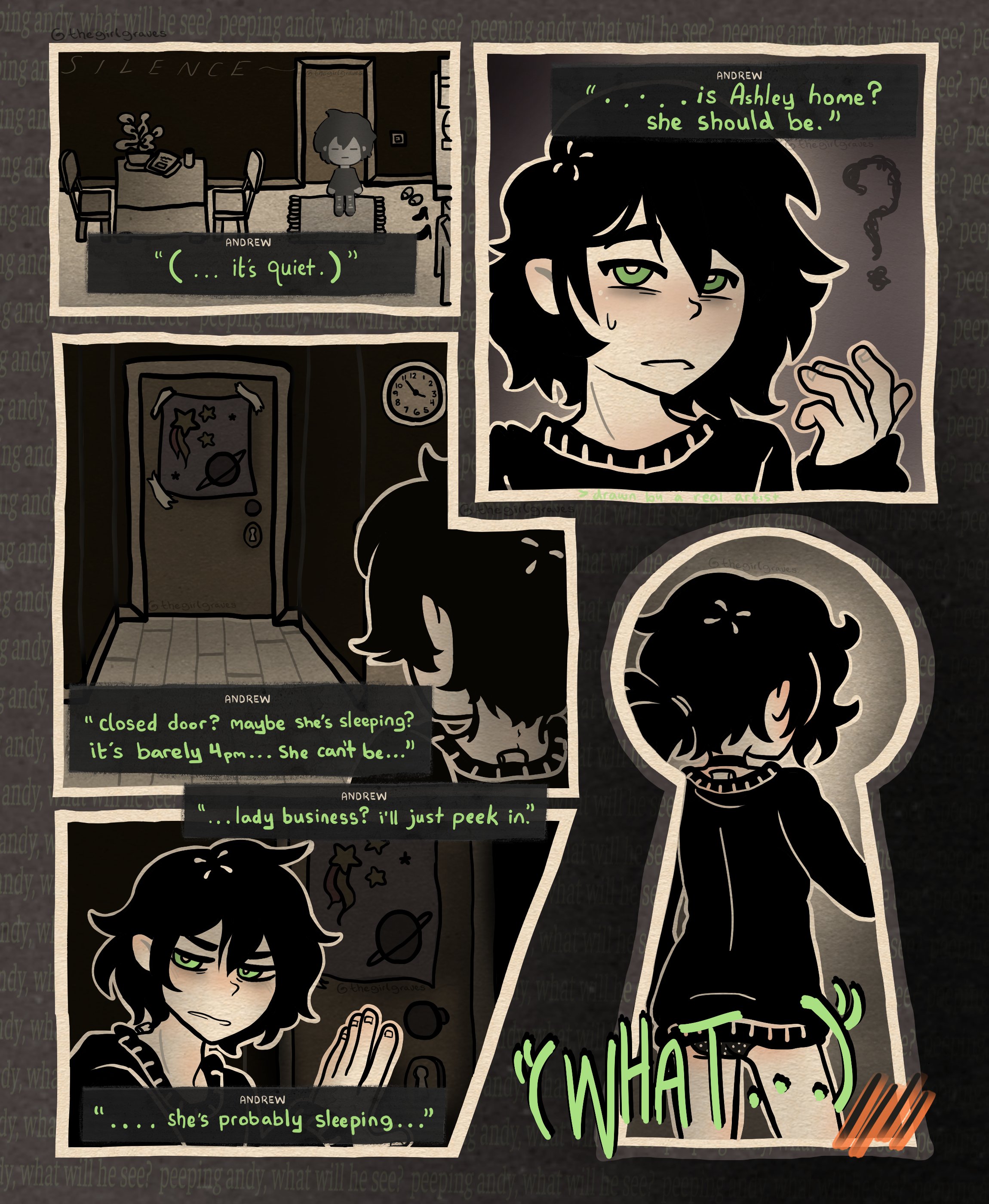 andrew graves, ashley graves, the coffin of andy and leyley, black hair, black shirt, bottomless, brother and sister, choker, green eyes, pink eyes, shirt, short hair, siblings, underwear