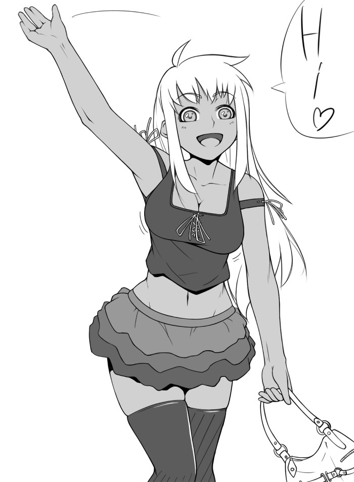 murazono, original, 1girl, blush, breasts, casual, cleavage, female focus, greyscale, happy, large breasts, long hair, midriff, monochrome, skirt, solo, thighhighs, waving, zettai ryouiki