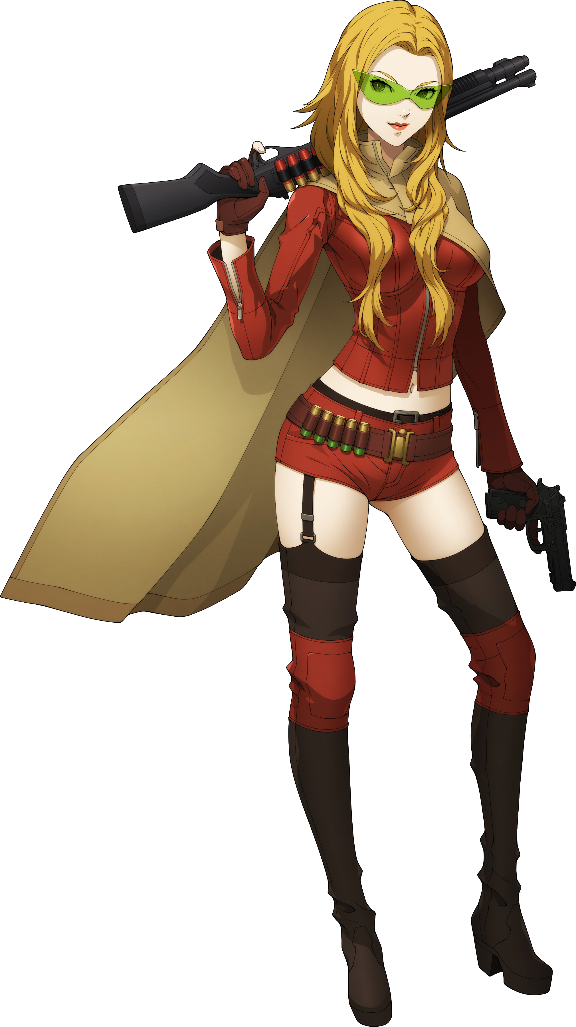 doi masayuki, nozomi (megami tensei), shin megami tensei, shin megami tensei iv, shin megami tensei iv final, absurdres, highres, official art, third-party source, 1girl, ammunition, boots, cape, full body, glasses, green-tinted eyewear, gun, handgun, holding, holding gun, holding weapon, long hair, orange hair, over shoulder, shorts, shotgun, shotgun shell, solo, standing, thigh boots, thighhighs, tinted eyewear, transparent background, trigger discipline, weapon, weapon over shoulder