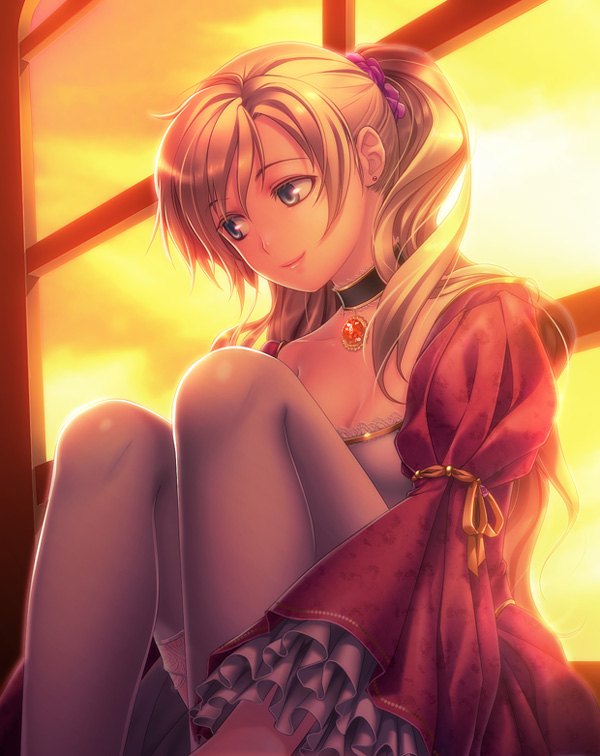 isobe, sound horizon, bad id, bad pixiv id, 1girl, backlighting, blonde hair, breasts, choker, cleavage, colored eyelashes, dress, earrings, female focus, frills, indoors, jewelry, long hair, ponytail, sitting, smile, solo, stud earrings, sunset, swept bangs, thighhighs