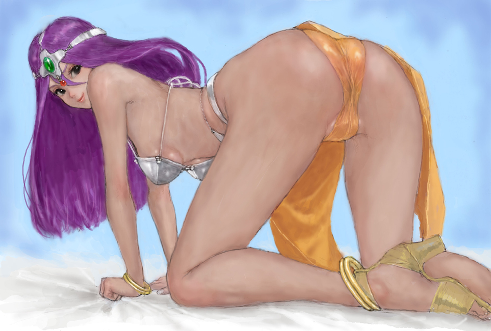 ponsuke (pon00000), manya (dq4), chunsoft, dragon quest, dragon quest iv, enix, square enix, bad id, bad pixiv id, 1girl, all fours, ass, bikini, breasts, cameltoe, circlet, dark-skinned female, dark skin, female focus, looking back, pelvic curtain, purple hair, smile, solo, swimsuit, underboob