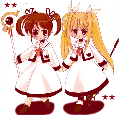 hina sasaki, bardiche (nanoha), fate testarossa, raising heart, takamachi nanoha, lyrical nanoha, mahou shoujo lyrical nanoha, bad id, bad pixiv id, lowres, 00s, 2girls, blonde hair, brown hair, chibi, holding hands, long hair, multiple girls, pantyhose, school uniform, short hair, simple background, twintails, white background