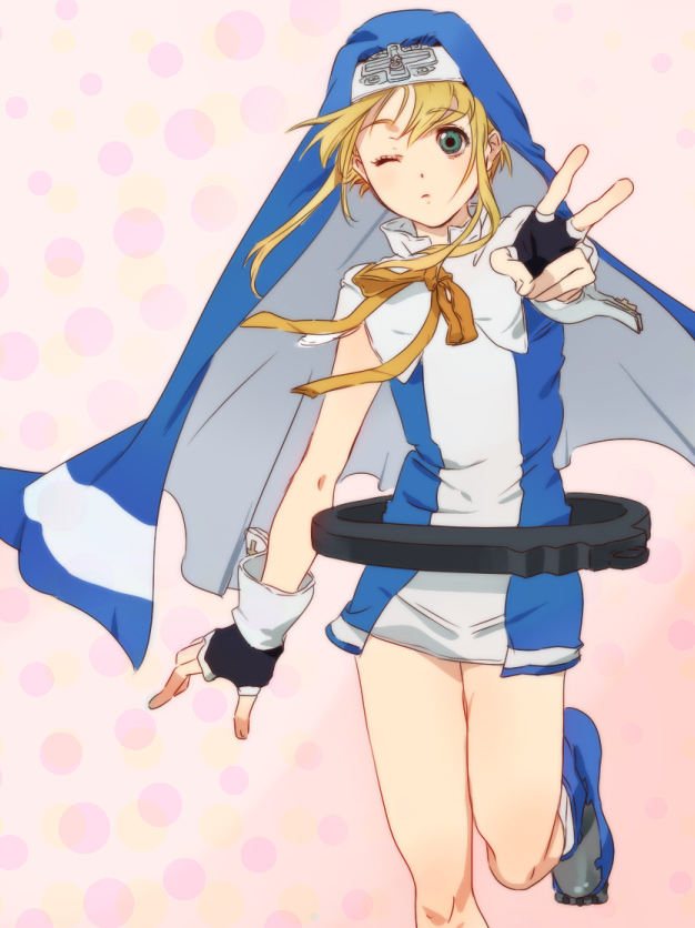 umishima senbon, bridget (guilty gear), arc system works, guilty gear, guilty gear xx, habit, bad id, bad pixiv id, 1boy, blonde hair, cross, crossdressing, crossdressing (mtf), cuffs, fingerless gloves, foreshortening, gloves, green eyes, male focus, nun, one eye closed, ribbon, solo, trap, v, wink, wrist cuffs