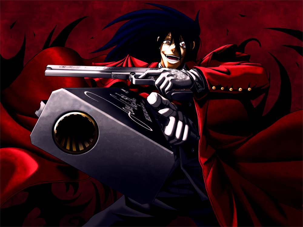 tect, alucard (hellsing), hellsing, 1boy, black hair, casull (hellsing), coat, crazy eyes, crazy smile, dual wielding, fangs, foreshortening, formal clothes, gloves, gun, handgun, holding, insignia, jackal (hellsing), long hair, looking at viewer, male focus, open mouth, overcoat, pistol, red coat, red eyes, rifling, smile, solo, suit, vampire, weapon, white gloves