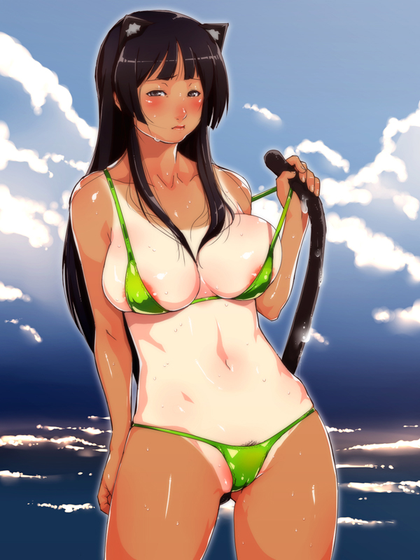 ganto, akiyama mio, k-on!, bad id, bad pixiv id, 00s, 1girl, animal ears, bikini, black hair, blush, breasts, cameltoe, day, female focus, female pubic hair, green bikini, large breasts, long hair, ocean, one-piece tan, pubic hair, sky, solo, swimsuit, tail, tan, tanline, wet