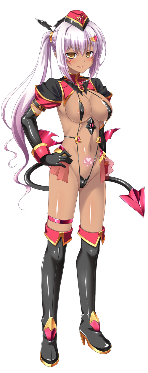aoi masami, asamiya minami, slave ignis, ts magical girl nao, game cg, highres, large variant set, non-web source, official art, variant set, 1girl, black gloves, blush, boots, breasts, corruption, covered erect nipples, dark-skinned female, dark persona, dark skin, demon girl, demon tail, demon wings, elbow gloves, full body, gloves, hair ornament, hand on own hip, hat, high heels, large breasts, long hair, looking at viewer, navel, pubic tattoo, purple hair, revealing clothes, side ponytail, slave gear (tsmg nao!), slingshot swimsuit, smile, solo, standing, swimsuit, tachi-e, tail, tan, tattoo, thigh boots, thigh strap, thighhighs, transparent background, wings, yellow eyes