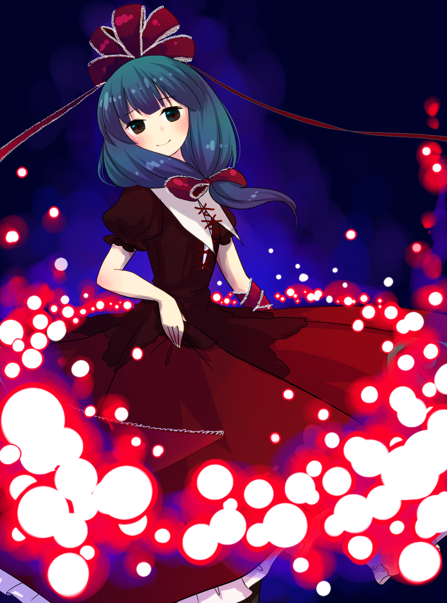 pentagon (uzus), kagiyama hina, touhou, bad id, bad pixiv id, highres, 1girl, aqua hair, arm ribbon, bow, danmaku, female focus, front ponytail, green eyes, green hair, hair bow, hair ribbon, matching hair/eyes, multicolored eyes, reflection, ribbon, short hair, smile, solo