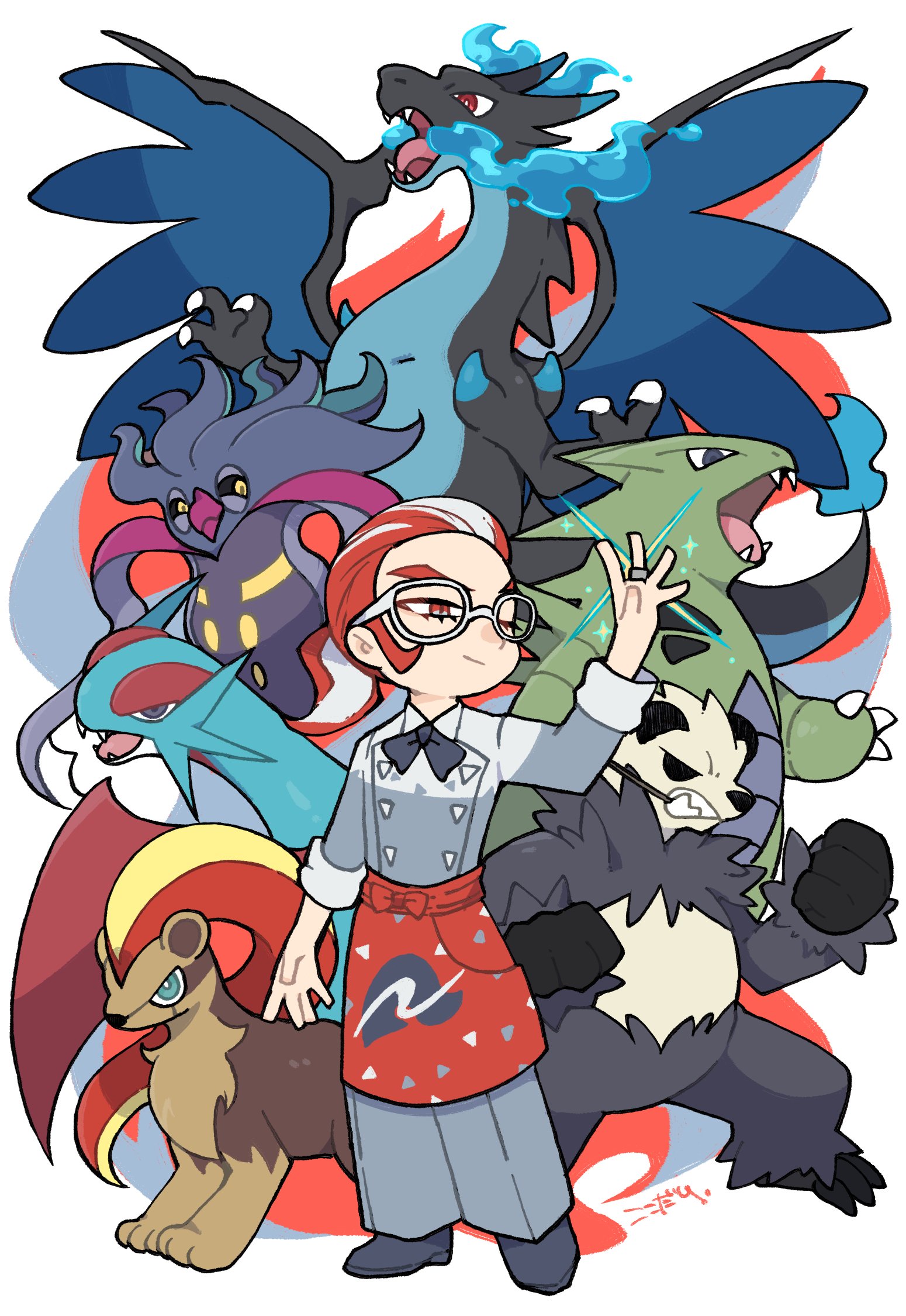 kokodari, charizard, grisham (pokemon), malamar, mega charizard x, pyroar, pyroar (female), salamence, tyranitar, nintendo, pokemon, pokemon legends: z-a, commentary request, highres, 1boy, apron, arm up, black bow, black bowtie, black shoes, blue fire, bow, bowtie, claws, clenched hands, clenched teeth, closed mouth, fire, gen 1 pokemon, gen 2 pokemon, gen 3 pokemon, gen 6 pokemon, glasses, grey jacket, grey pants, jacket, jewelry, long sleeves, male focus, mega pokemon, multicolored hair, open mouth, pants, pokemon (creature), ponytail, red apron, red eyes, red hair, ring, sharp teeth, shoes, signature, simple background, sleeve cuffs, smile, standing, teeth, white-framed eyewear, white background, white hair, wings
