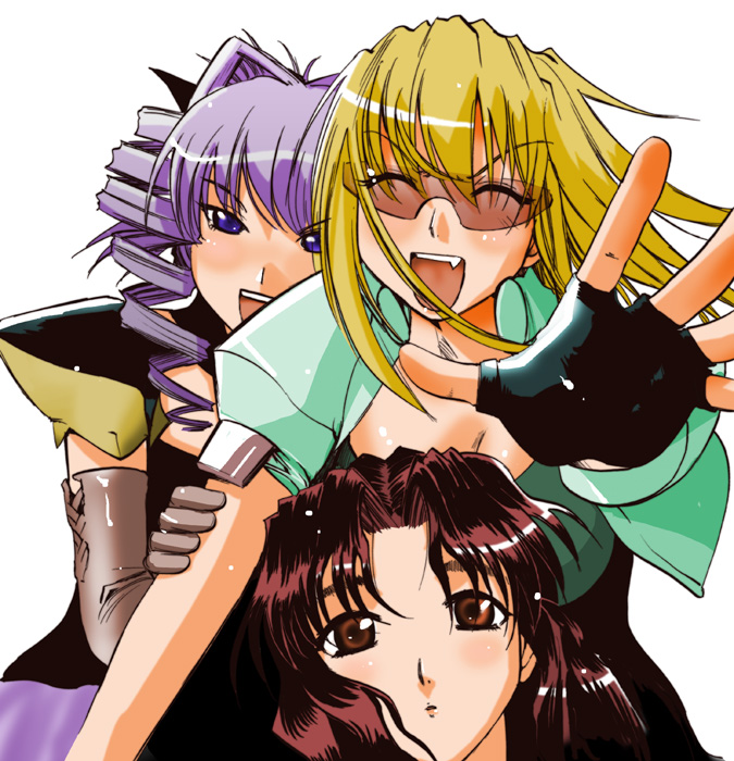 rikudou koushi, elgala, excel, hyatt, excel saga, 1990s (style), 3girls, blonde hair, blue eyes, brown eyes, brown hair, elbow gloves, fang, fingerless gloves, gloves, multiple girls, purple hair, sunglasses
