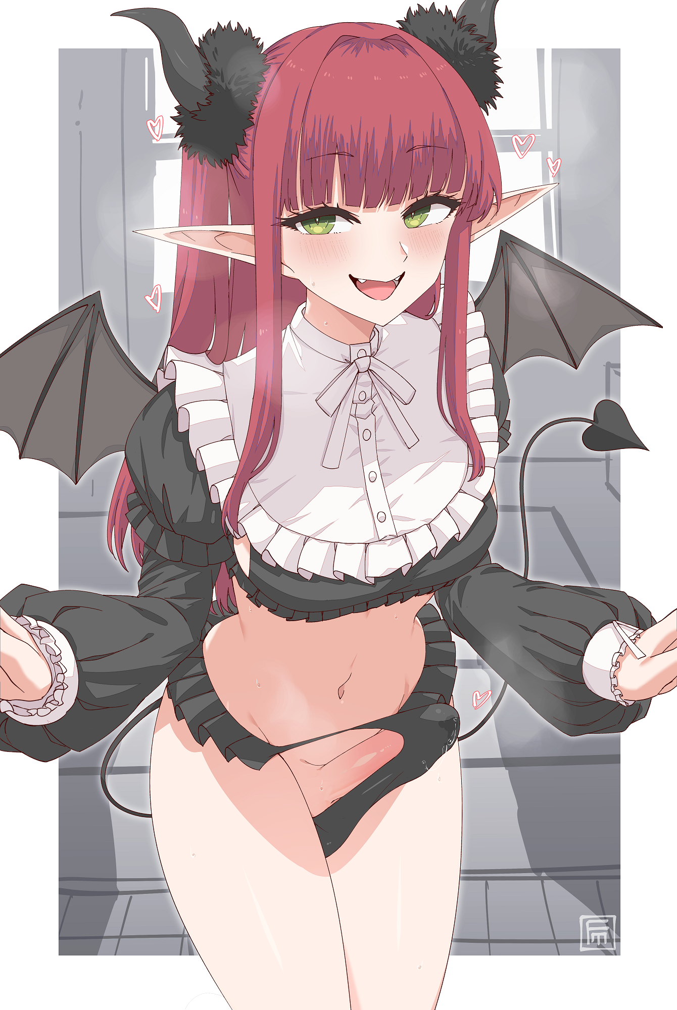 fumato, kitagawa marin, rizu-kyun, sono bisque doll wa koi wo suru, highres, 1girl, black panties, bulge, cosplay, demon horns, demon tail, demon wings, erection, erection under clothes, fake pointy ears, frilled panties, frilled shirt, frills, futanari, horn scrunchie, horns, panties, rizu-kyun (cosplay), shirt, tail, underwear, wings
