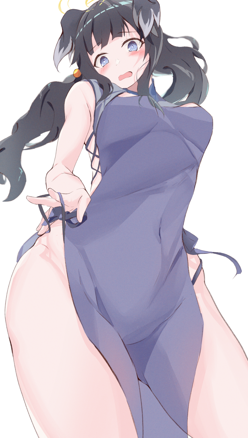 hibiki (blue archive), blue archive, highres, 1girl, animal ears, blue eyes, blush, dog ears, dog girl, engineering department (blue archive), halo, long hair, looking at viewer, simple background, solo, syuuka-kazane, white background, yellow halo