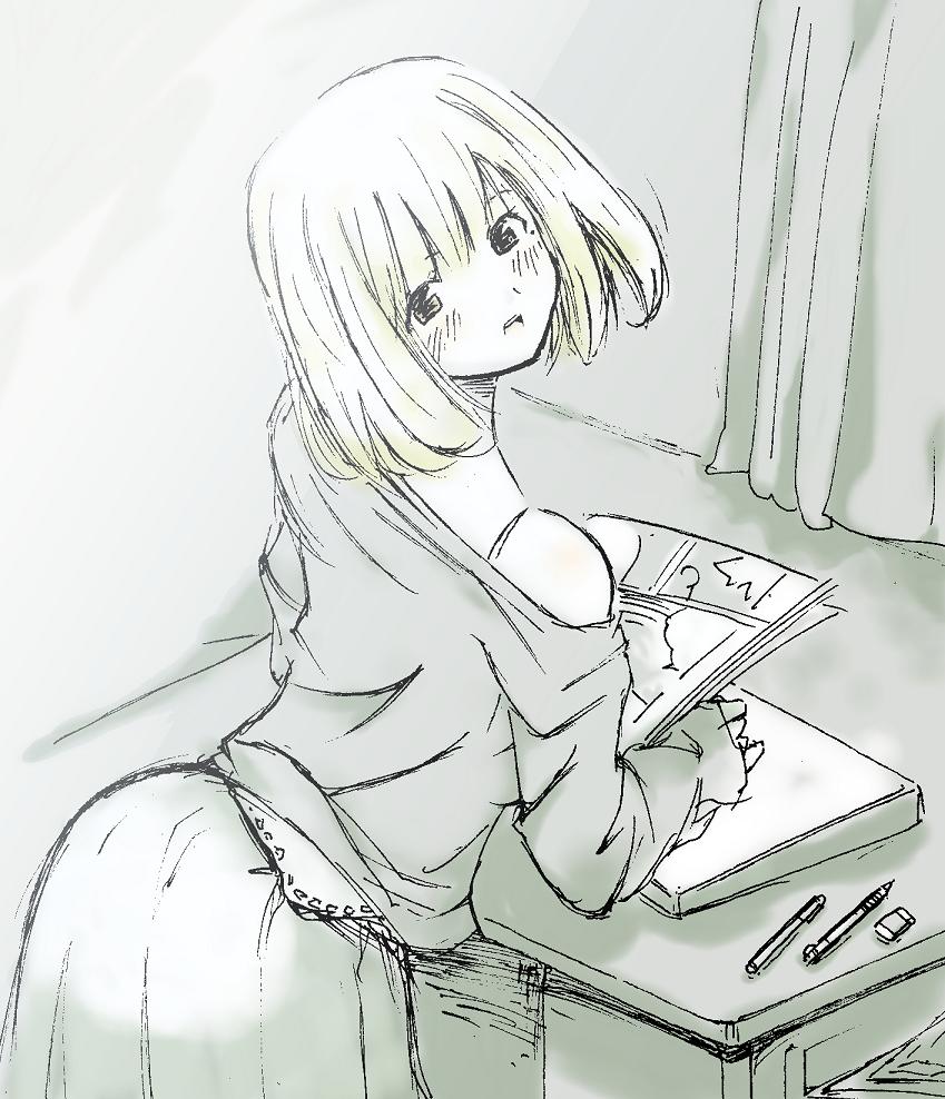 coffee-a, aoki yuriko, bakuman, 1girl, blush, bob cut, eraser, female focus, greyscale, leaning forward, looking back, mechanical pencil, mole, mole under eye, monochrome, off shoulder, pen, pencil, short hair, skirt, solo, table