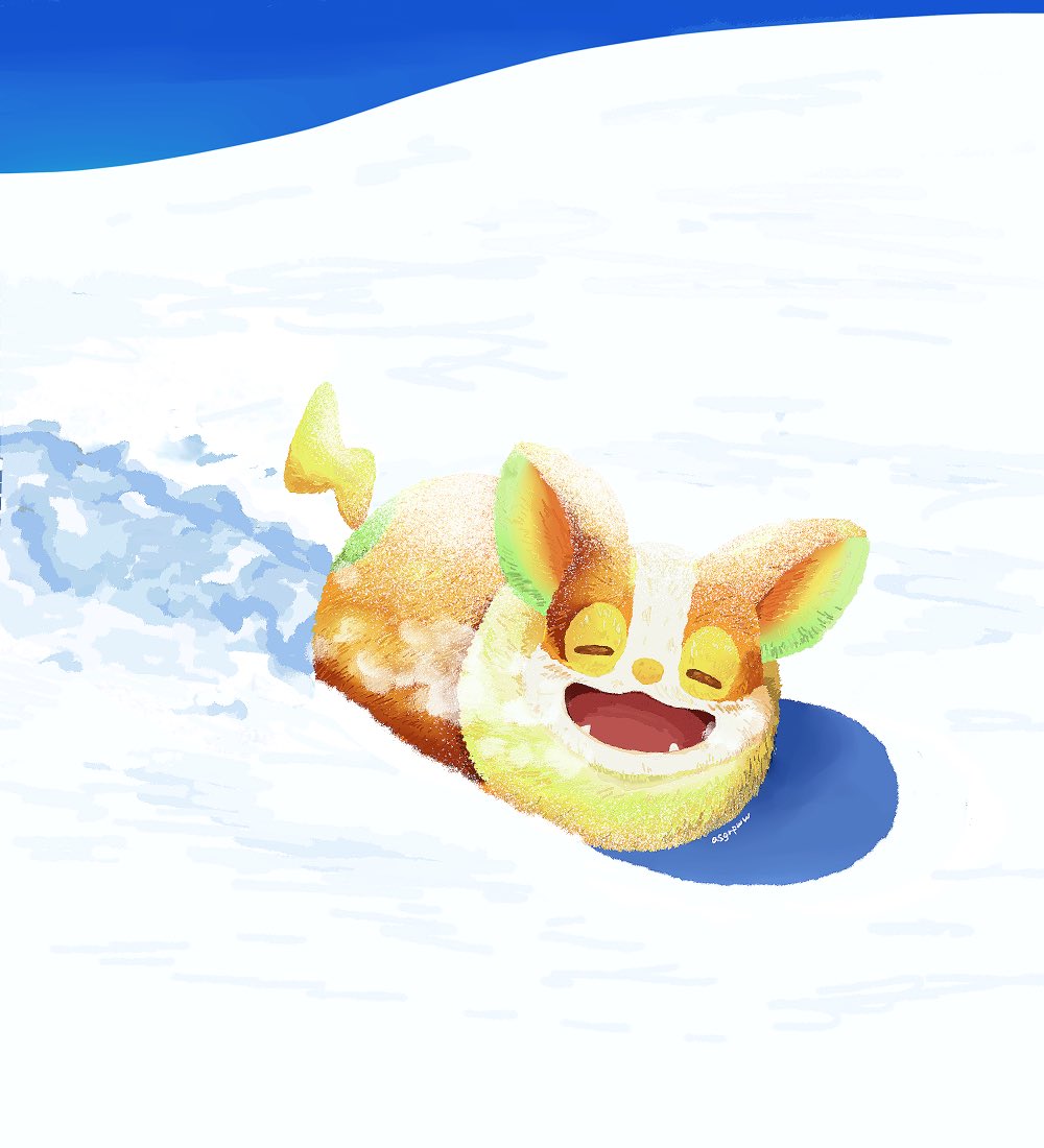 asgr pww, yamper, nintendo, pokemon, commentary request, blue sky, breath, closed eyes, fangs, gen 8 pokemon, no humans, open mouth, outdoors, pokemon (creature), pokemon focus, sky, snow