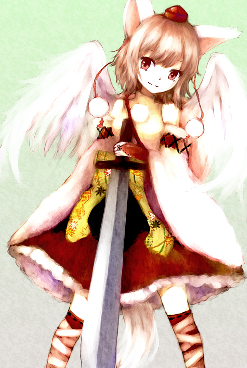 mozukuzu (manukedori), inubashiri momiji, touhou, bad id, bad pixiv id, 1girl, alternate hair color, animal ears, blonde hair, blouse, detached sleeves, female focus, gradient background, green background, grey background, hat, pom pom (clothes), red eyes, shirt, short hair, sleeveless, sleeveless shirt, smile, solo, sword, tail, thighhighs, tokin hat, weapon, white hair, wings, wolf ears, wolf tail