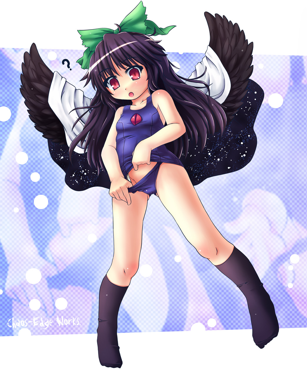 etogami kazuya, reiuji utsuho, touhou, highres, 1girl, ?, black hair, bow, cape, female focus, long hair, one-piece swimsuit, red eyes, school swimsuit, school swimsuit flap, socks, solo, swimsuit, wings, zoom layer