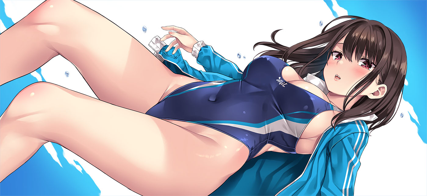 mizuhara yuu, comiket 106, original, commentary request, 1girl, blush, breasts, brown hair, cleavage, competition swimsuit, covered navel, hair between eyes, hair intakes, jacket, jacket over swimsuit, large breasts, looking at viewer, one-piece swimsuit, parted lips, pink eyes, pink nails, sideboob, solo, swimsuit, thighs