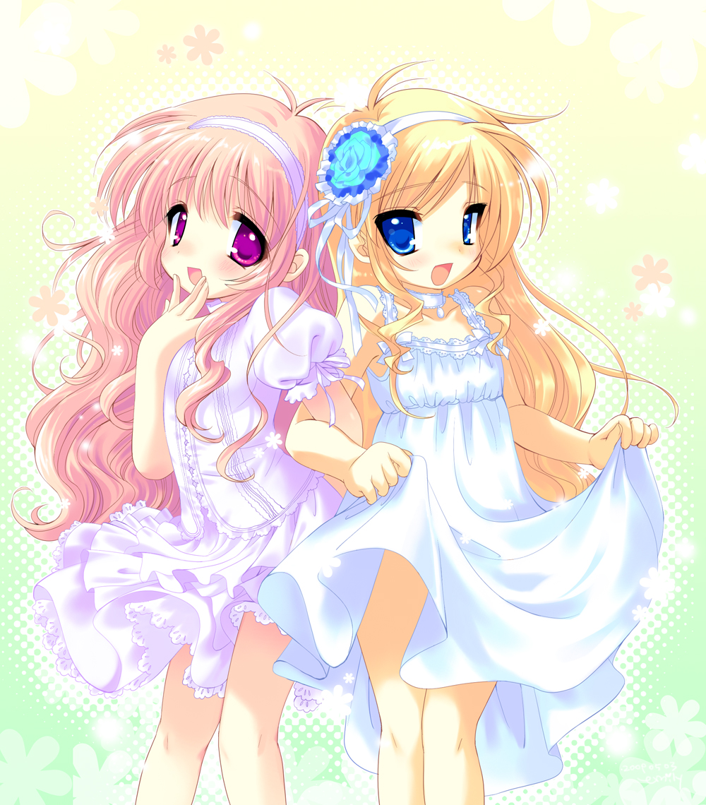 emily (pure dream), original, bad id, bad pixiv id, source request, 2girls, ahoge, blonde hair, blue eyes, blush, child, curly hair, dress, gothic lolita, hairband, laughing, lolita fashion, long hair, multiple girls, pink eyes, pink hair