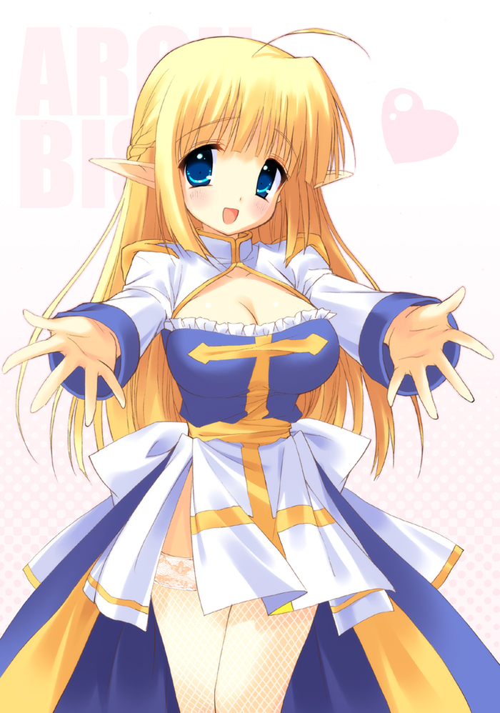 emily (pure dream), arch bishop (ragnarok online), ragnarok online, bad id, bad pixiv id, 1girl, ahoge, blonde hair, blue eyes, blush, braid, female focus, half updo, long hair, pointy ears, solo, thighhighs