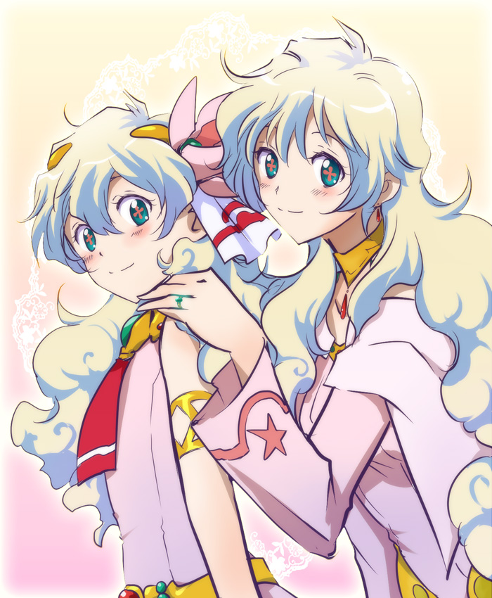 sakazakimay, nia teppelin, tengen toppa gurren lagann, + +, 00s, 2girls, blush, cross-shaped pupils, dual persona, long hair, multicolored hair, multiple girls, short hair, smile, symbol-shaped pupils, time paradox