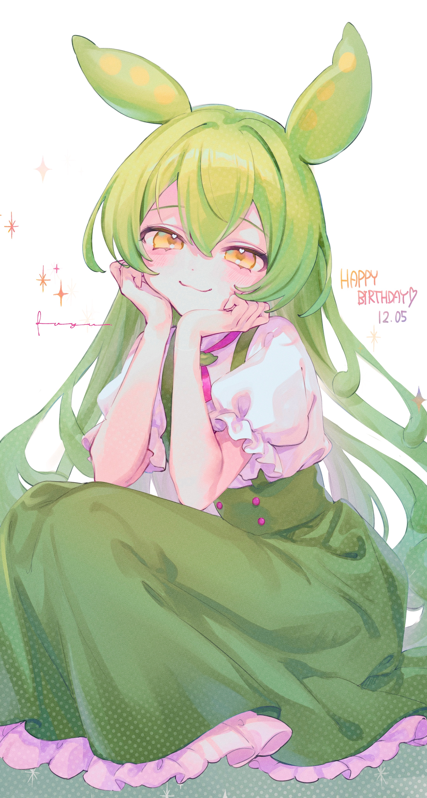 fuyu (xxfylia), zundamon, voicevox, absurdres, clip studio paint (medium), commentary request, highres, 1girl, brown eyes, closed mouth, dated, frilled skirt, frills, green hair, green skirt, hair between eyes, hands up, happy birthday, long hair, looking at viewer, puffy short sleeves, puffy sleeves, shirt, short sleeves, simple background, skirt, smile, solo, suspender skirt, suspenders, very long hair, white background, white shirt