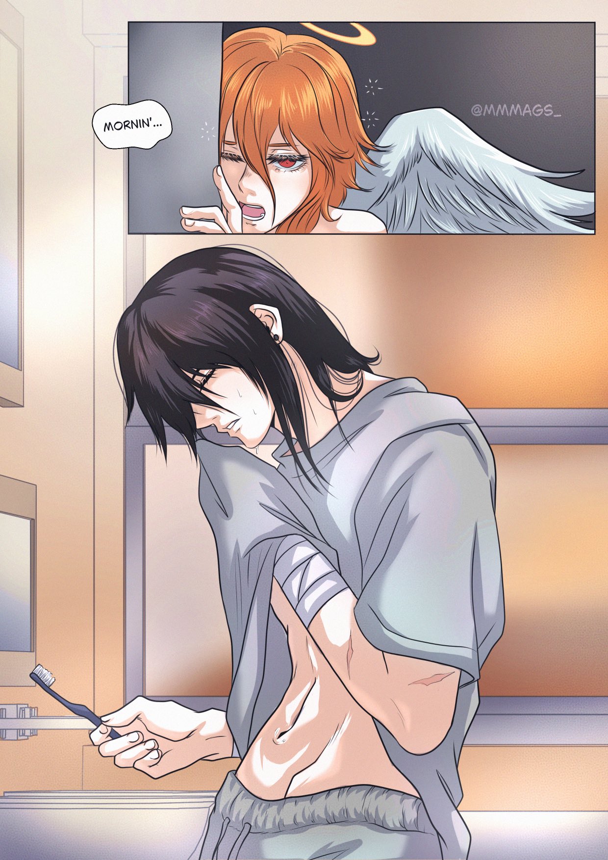 angel devil (chainsaw man), hayakawa aki, chainsaw man, commentary, english commentary, highres, 2boys, angel, angel wings, bandaged arm, bandages, bathroom, black hair, closed eyes, clothes lift, couple, earrings, english text, good morning, grey pants, grey shirt, hair between eyes, hair undone, halo, holding, holding toothbrush, jewelry, lifting own clothes, long hair, male focus, medium hair, mmmags, multiple boys, nude, one eye closed, pants, parted lips, red eyes, scar, scar on arm, shirt, shirt lift, speech bubble, teeth, toothbrush, traditional halo, twitter username, white wings, wings, yaoi