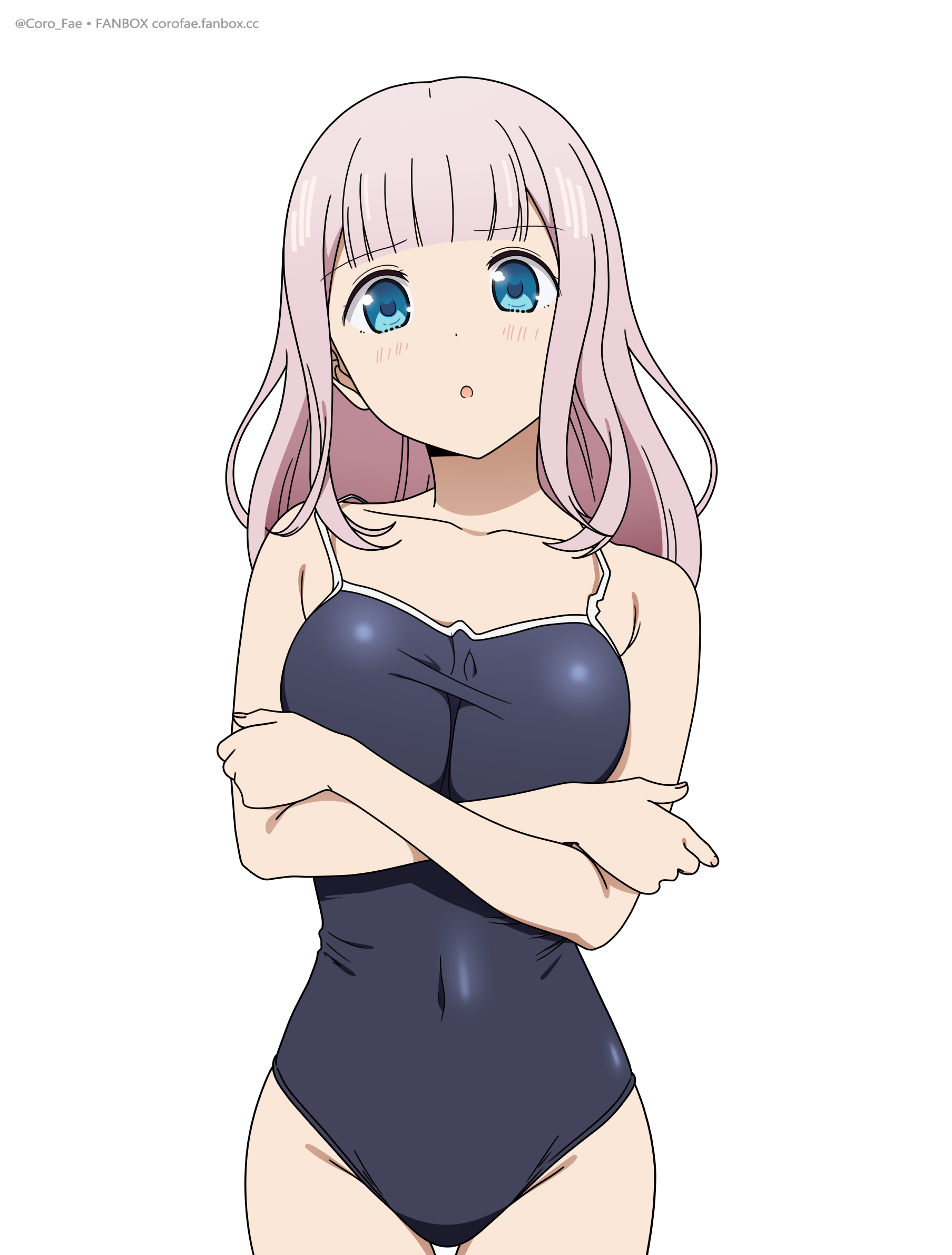 coro fae, fujiwara chika, kaguya-sama wa kokurasetai ~tensai-tachi no renai zunousen~, commentary, highres, 1girl, :o, arms under breasts, artist name, black one-piece swimsuit, blue eyes, blunt bangs, breasts, covered navel, cowboy shot, crossed arms, dot nose, long hair, looking at viewer, no hair bow, one-piece swimsuit, parted lips, pink hair, simple background, solo, standing, swimsuit, white background