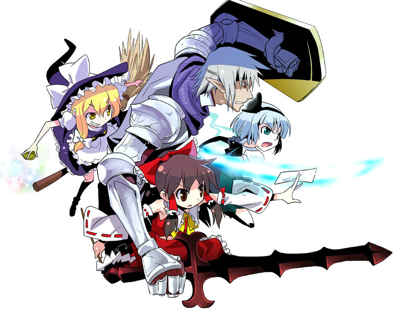 igaiga, buront, elvaan, hakurei reimu, kirisame marisa, konpaku youmu, paladin (final fantasy), final fantasy, final fantasy xi, the iron of yin and yang, touhou, 00s, 1boy, 3girls, armor, blonde hair, crossover, elf, height difference, katana, multiple girls, paladin, pointy ears, shield, size difference, sword, weapon