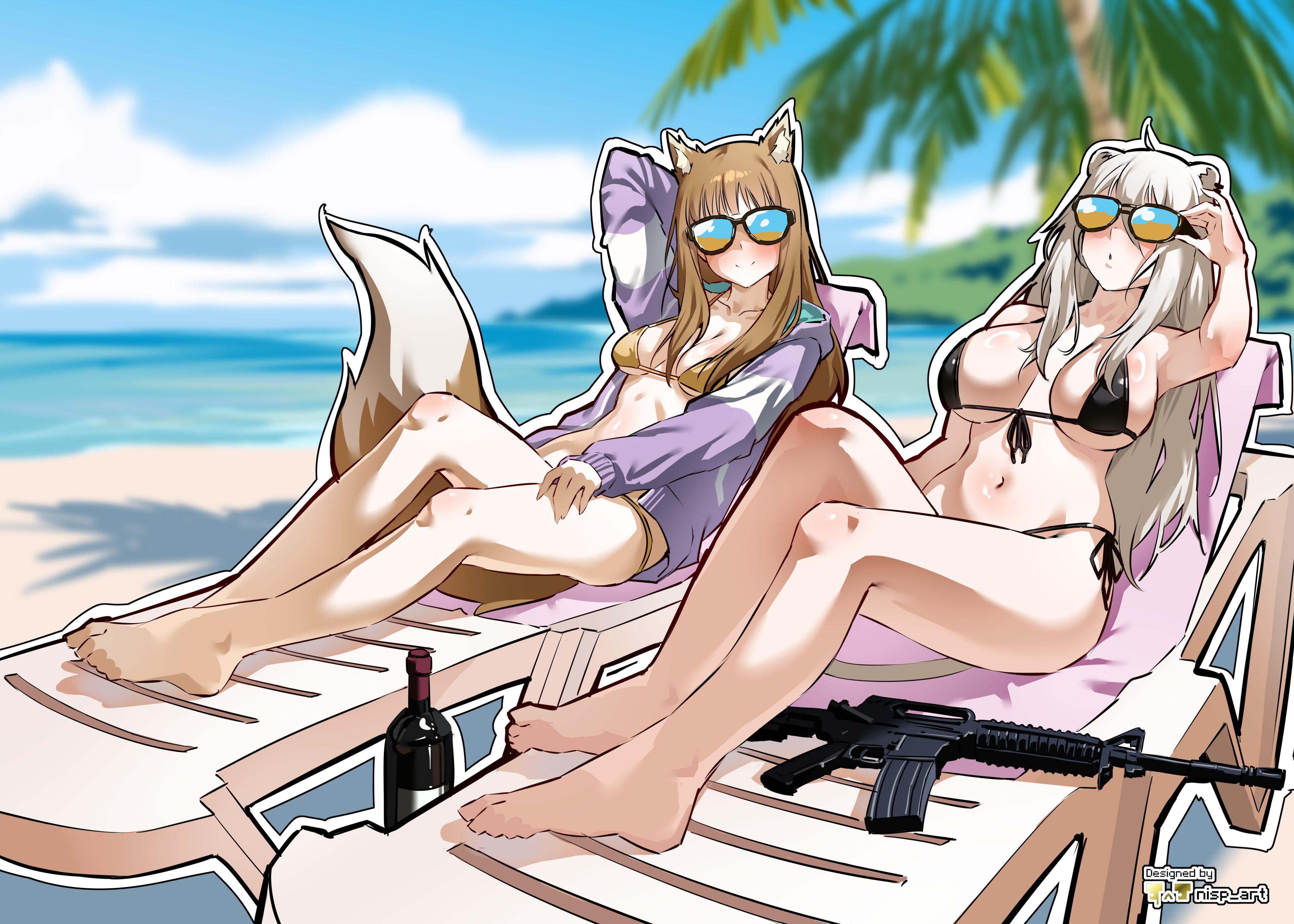 nisp art, holo, shishiro botan, hololive, spice and wolf, absurdres, highres, 2girls, animal ear fluff, animal ears, arm up, artist logo, artist name, assault rifle, barefoot, beach, bikini, black bikini, blurry, blurry background, blush, bottle, breasts, breasts apart, brown bikini, brown hair, day, front-tie bikini top, front-tie top, full body, grey hair, gun, hood, hooded jacket, jacket, large breasts, legs, lion ears, lion girl, logo, looking at viewer, m4 carbine, micro bikini, multiple girls, navel, open clothes, open jacket, outdoors, outline, palm tree, purple jacket, rifle, side-tie bikini bottom, smile, sunglasses, swimsuit, toes, tree, underboob, virtual youtuber, weapon, white outline, wine bottle, wolf ears, wolf girl