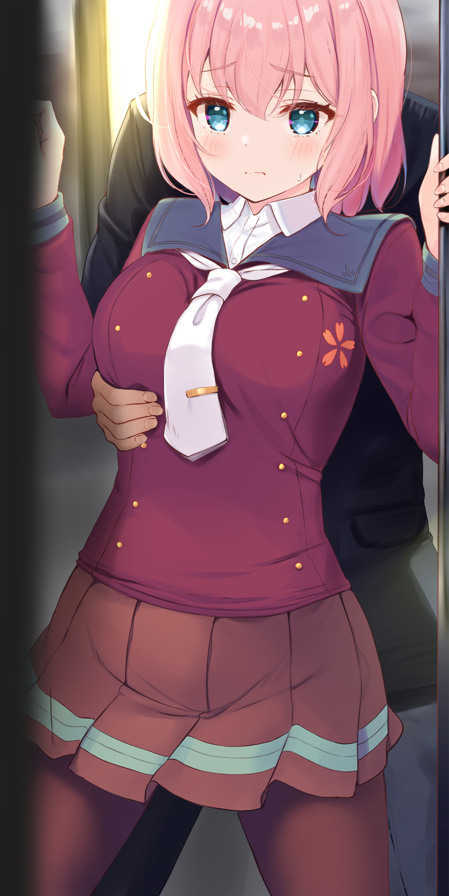 komone ushio, original, highres, 1boy, 1girl, :s, between breasts, black pantyhose, blue eyes, blue sailor collar, blush, breasts, buttons, chikan, closed mouth, collared shirt, covered groin, cowboy shot, double-breasted, dress shirt, fingernails, frown, furrowed brow, grabbing another's breast, grabbing from behind, groping, komomo (komone ushio), large breasts, legs apart, long sleeves, molestation, neckerchief, nervous, pantyhose, pink hair, pleated skirt, purple serafuku, red skirt, sailor collar, school uniform, serafuku, sexual harassment, shirt, short hair, skirt, solo focus, sweatdrop, taut clothes, taut shirt, tie clip, train interior, white neckerchief, white shirt, worried