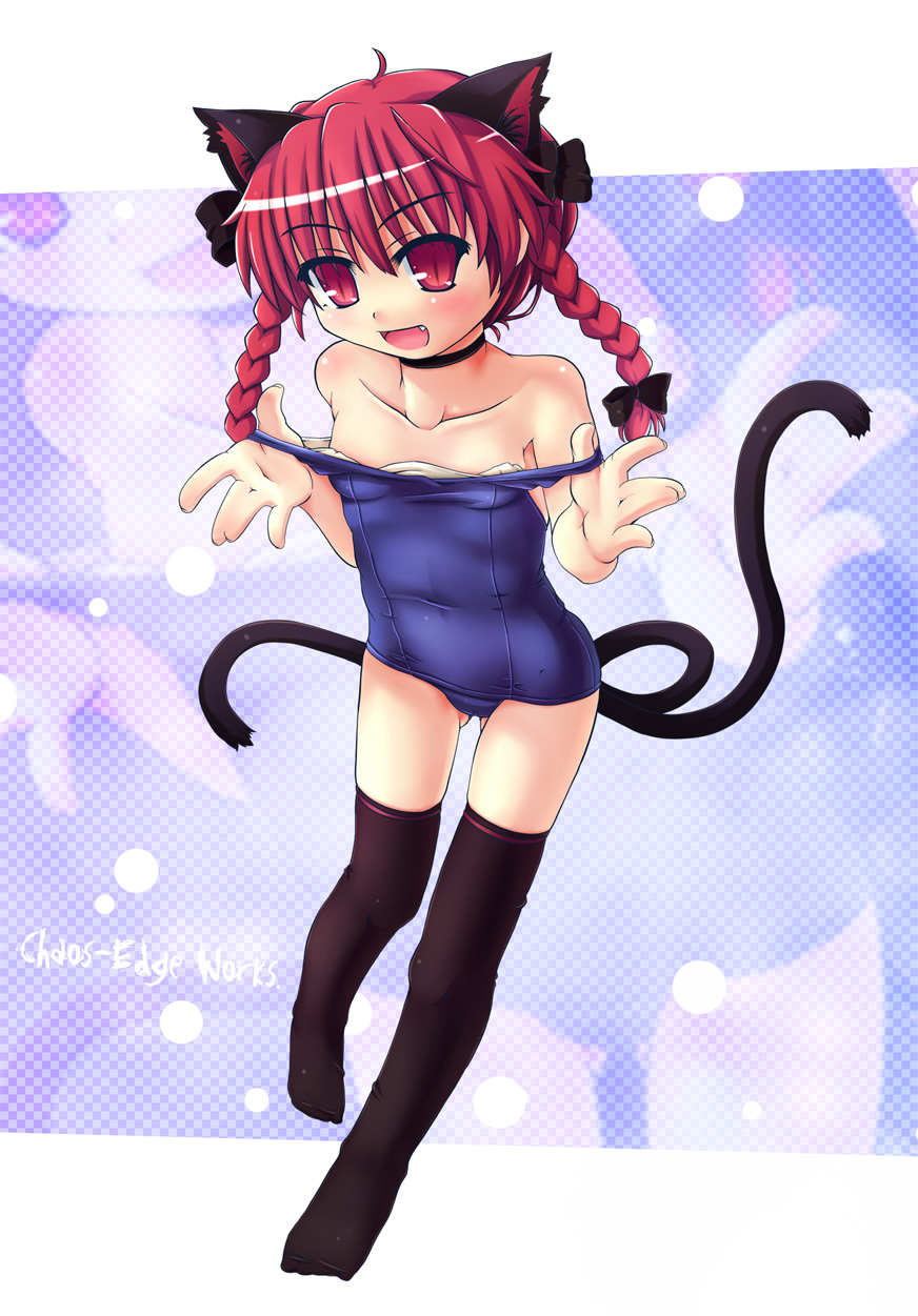 etogami kazuya, kaenbyou rin, touhou, highres, 1girl, animal ears, braid, cat ears, cat girl, cat tail, female focus, full body, hair ribbon, multiple tails, one-piece swimsuit, red eyes, red hair, ribbon, school swimsuit, short hair, solo, strap pull, swimsuit, tail, thighhighs, twin braids, twintails, white background, zoom layer