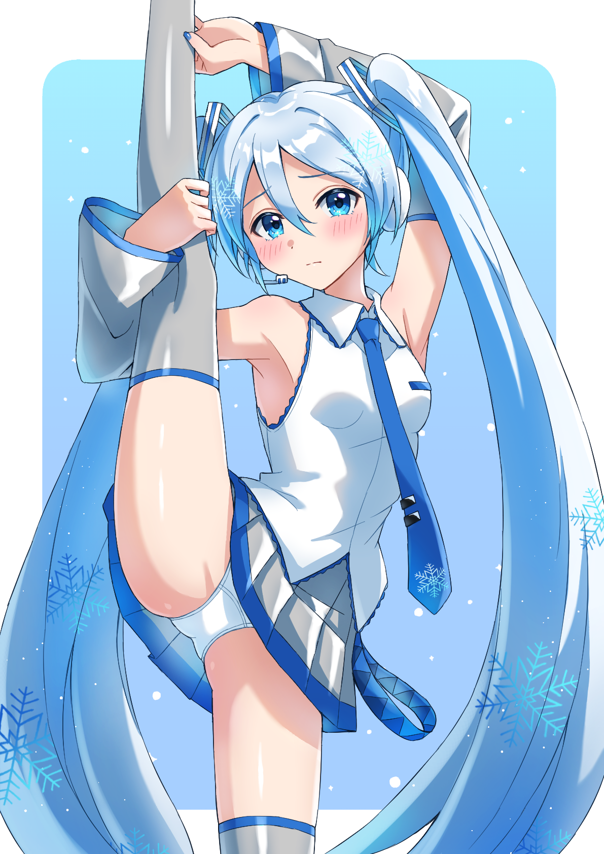 supo01, hatsune miku, yuki miku, vocaloid, commission, highres, pixiv commission, 1girl, bare shoulders, blue background, blue eyes, blue hair, blue nails, blue necktie, border, breasts, closed mouth, detached sleeves, feet out of frame, grey skirt, grey sleeves, grey thighhighs, hair between eyes, headset, leg up, long hair, looking at viewer, nail polish, necktie, panties, pleated skirt, print necktie, shirt, skirt, sleeveless, sleeveless shirt, small breasts, snowflake print, solo, split, standing, standing on one leg, standing split, thighhighs, tie clip, twintails, underwear, very long hair, white border, white panties, white shirt, wide sleeves