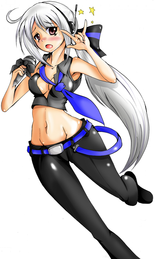 hutakuti, yowane haku, vocaloid, silver hair, bad id, bad pixiv id, 1girl, belt, breasts, cleavage, detached sleeves, female focus, groin, hair ribbon, hip focus, long hair, m/, microphone, midriff, red eyes, ribbon, seikan hikou, solo, wide hips