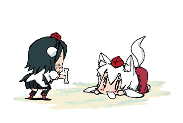 baku taso, inubashiri momiji, shameimaru aya, touhou, animated, animated gif, lowres, + +, 2girls, animal ears, bone, chibi, hat, multiple girls, tail, wolf ears, wolf tail