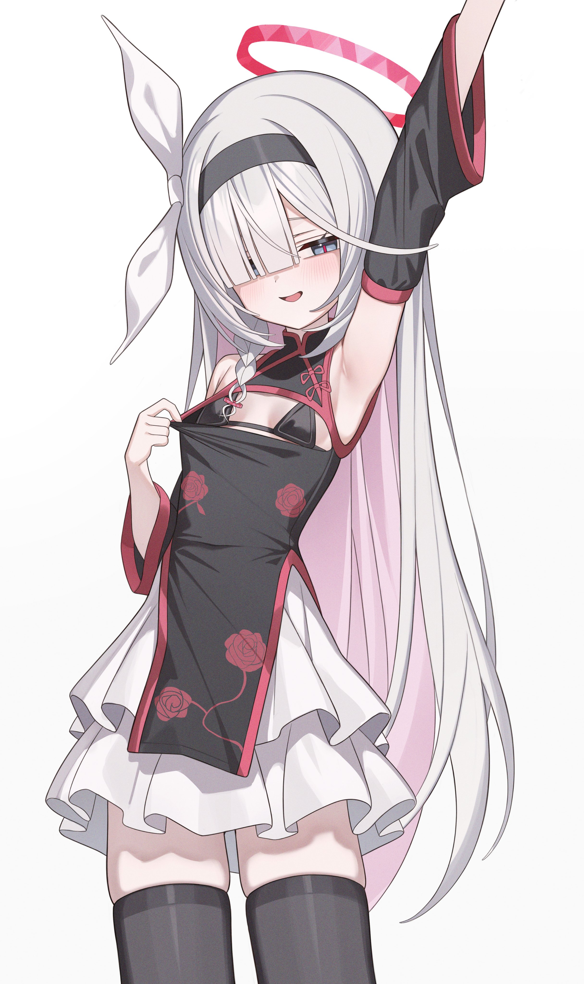 loyo, plana (blue archive), blue archive, absurdres, highres, 1girl, arm up, armpits, bikini, bikini under clothes, black bikini, black crown, black hairband, black sleeves, black thighhighs, bow, breast cutout, china dress, chinese clothes, cowboy shot, crown, detached sleeves, dress, eyes visible through hair, grey eyes, grey hair, hair bow, hair over one eye, hairband, halo, layered skirt, long bangs, long hair, looking at viewer, open mouth, parted bangs, red halo, red pupils, simple background, skirt, slit pupils, smile, solo, standing, string bikini, swimsuit, thighhighs, very long hair, white background, white bow, white skirt